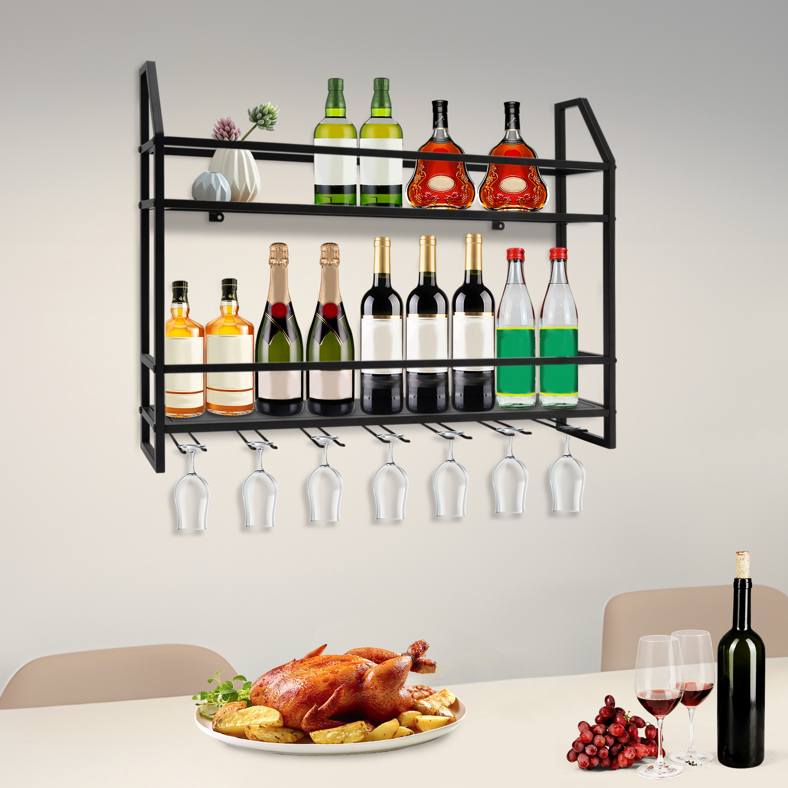 Bar Wine Shelf Wall-Mounted Bottle Holder 20 Bottles & 7 Goblets High-quality