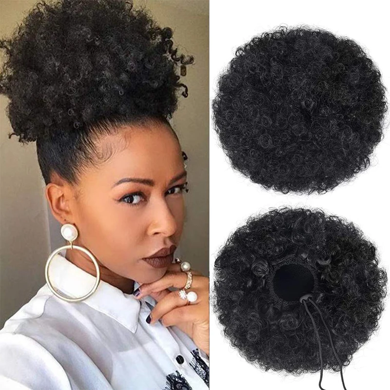 Afro Puff cordón cola de caballo cabello humano brasileño rizado cordón cola de caballo Afro Puff moño moño Accesorios
