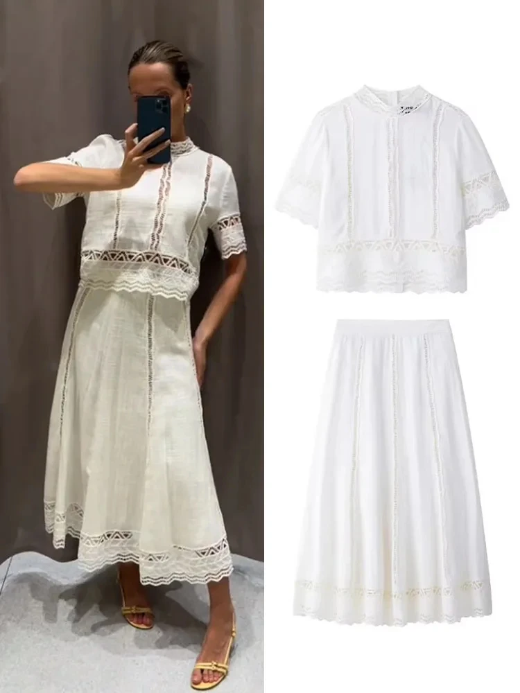 HH Vrouwen Nieuwe Mode Witte Rok Pak O-hals Haken Details Korte Mouwen Blouse Met Zijrits Geplooide Midi Lange Rok