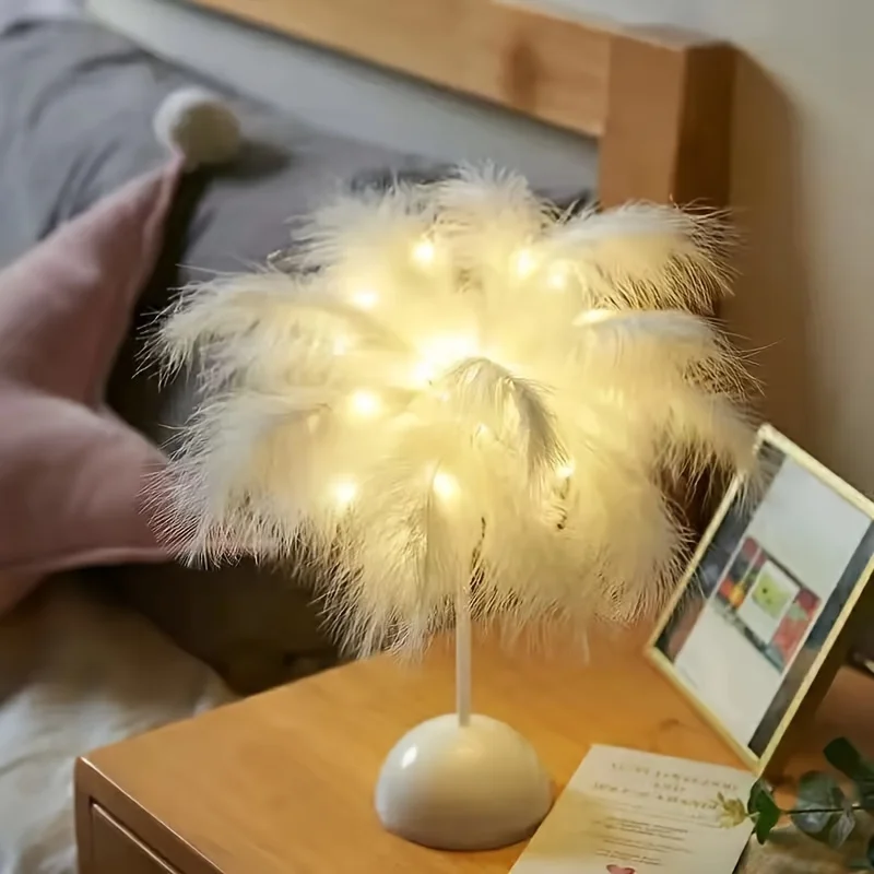 Kreative Feder Tischlampe Warmweißes Licht Baum Feder Lampenschirm Mädchen LED Hochzeit Dekorative Lichter Geburtstagsgeschenk Wohnkultur