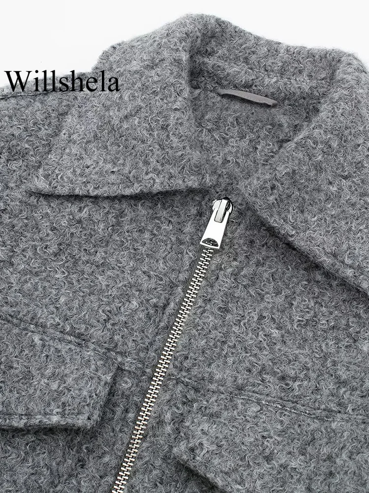 Willshela moda feminina com bolsos cinza frente zíper jaquetas vintage lapela pescoço mangas compridas feminino chique senhora outfits