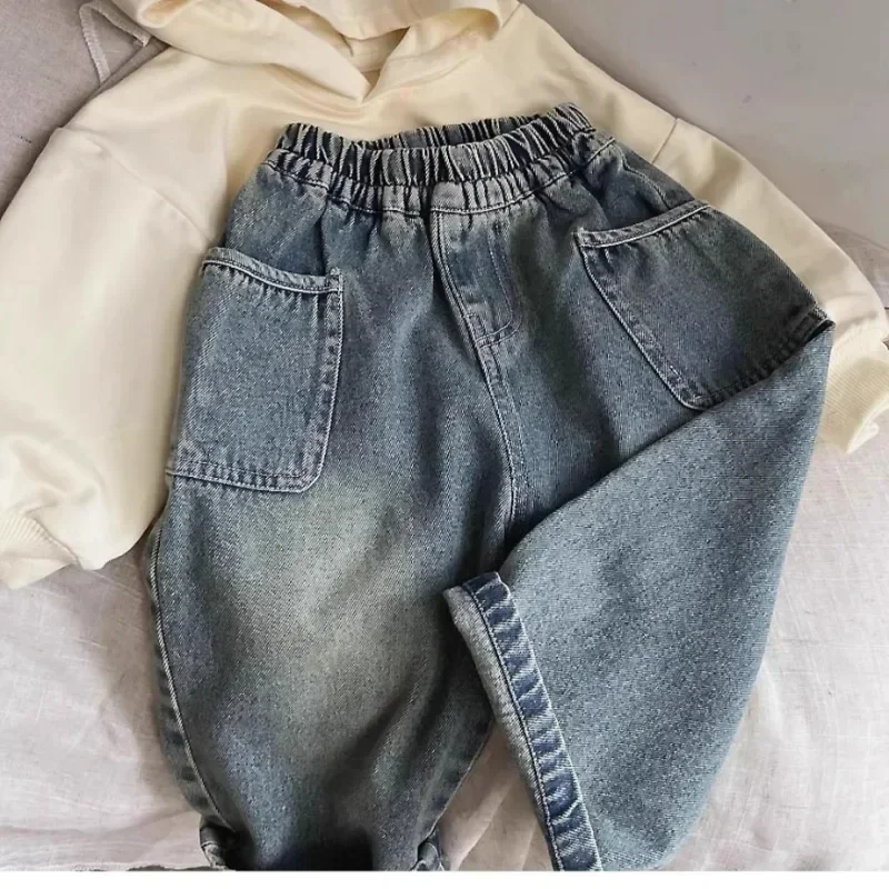용수철 및 가을 어린이 바지, 단색 어린이 스트레이트 청바지, 소년 루즈 캐주얼 데님 바지, 2025 신상 패션