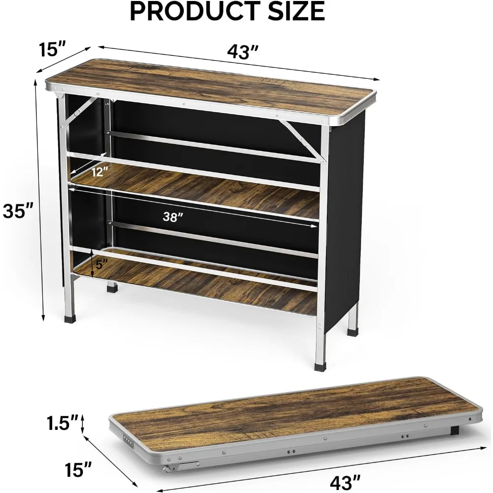 Portable Bar Table with Pole, 3-Tier Shelves, Mobile Bar Table for Events, Party, Camping, Picnic, Tradeshow, Indoor
