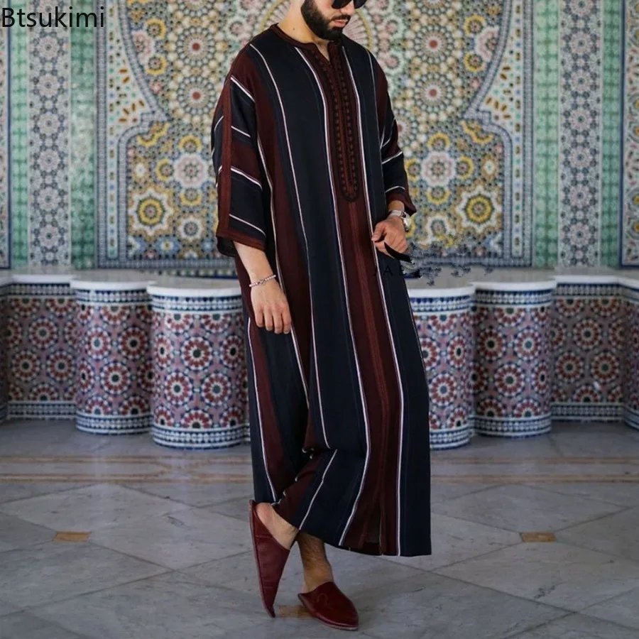 2025 homens muçulmanos abayas vintage casual longo robes árabe roupas islâmicas listrado camisa solta jubba thobe médio oriente saudita vestido