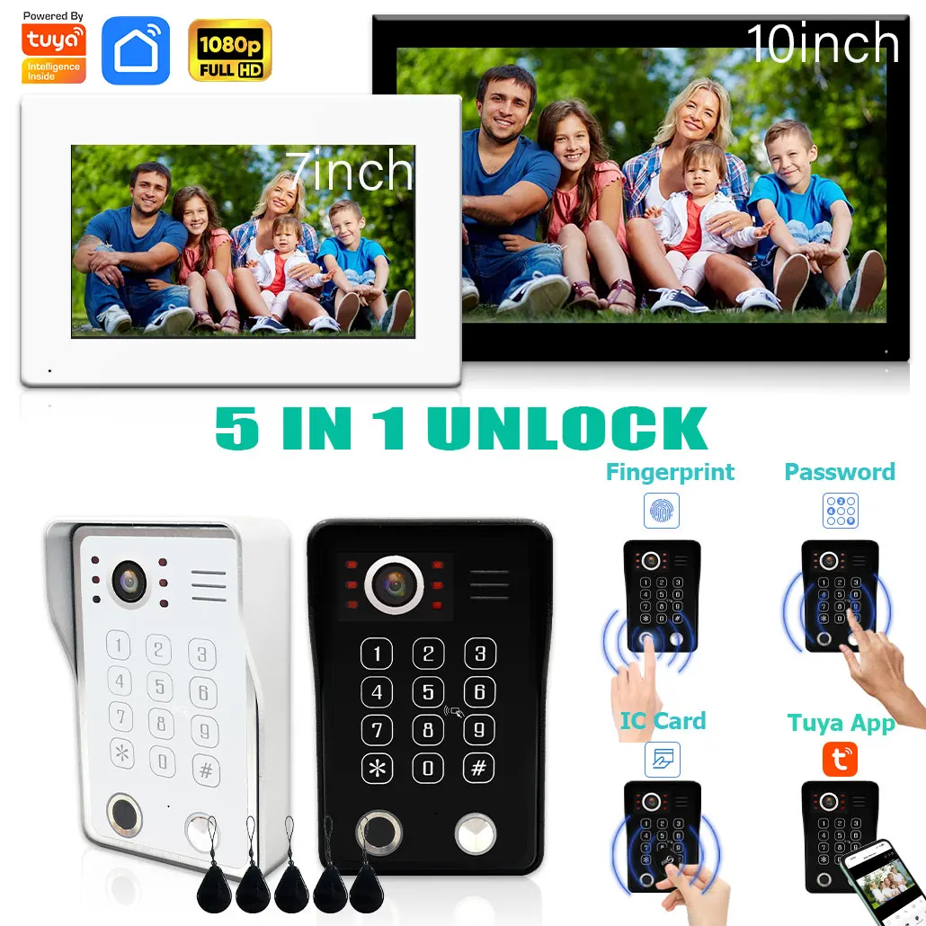 Vingerafdruk Ontgrendelen 5IN1 Wifi Deurbel Video-intercomsysteem Voor Thuis Deurtelefoon Tuya Smart 1080P Touch Monitor Beveiliging beschermen