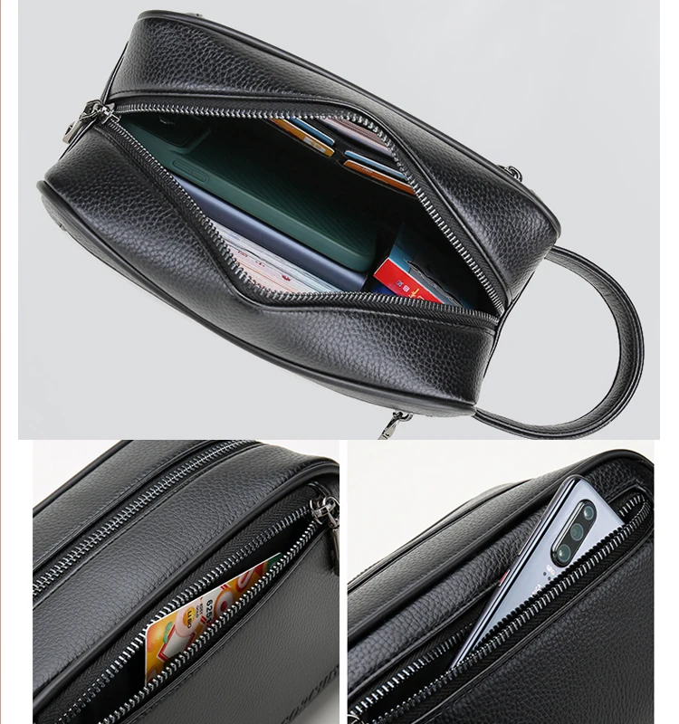 High Quality Top Layer Cowhide Double Zipper Handbag Anti-theft Wallet Card Bag Password Lock Buckle Bag For Men's Sacoche Homme