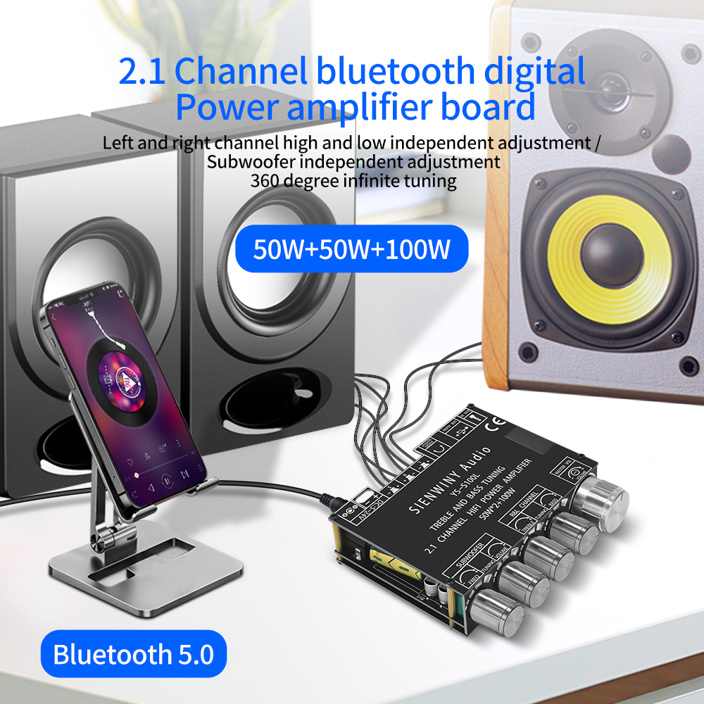 Carte amplificateur Bluetooth 5.0 YS-S100L 2.1 canaux, avec contrôle par application 50Wx2 + 100W, Module d'ampli de puissance Audio HiFi pour caisson de basses