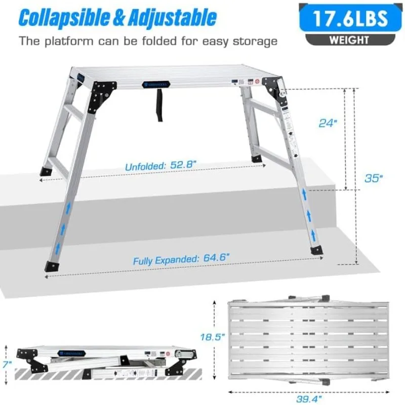 Adjustable Work Platform, (39.4" X 18.5") Portable Folding Aluminum Step Ladder, Scaffolding Platform of Capacity 330 LBS