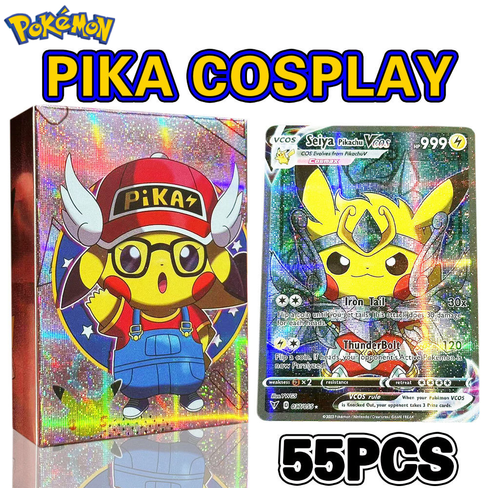 27-55 unids/caja nuevos tarjetas holográficas de Pokemon Anime personajes de Pikachu Cosplay colección brillante en inglés juguetes de tarjetas comerciales regalo para niños
