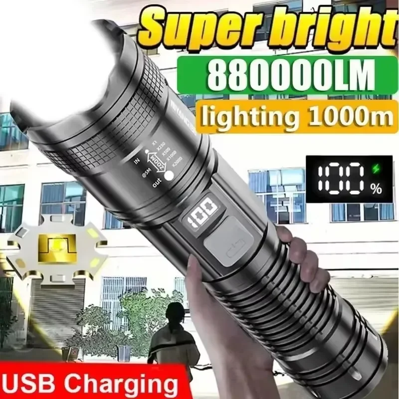 Superhelle LED-Taschenlampen, leistungsstarke wiederaufladbare Batterie, Display-Taschenlampe, taktische Zoom-Taschenlampe, Outdoor-Camping, Angellampe