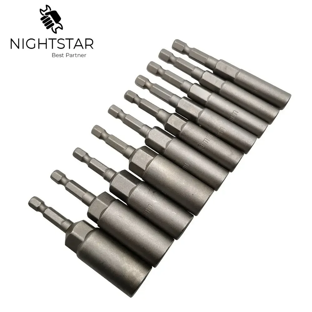 10 Chiếc 80Mm Chiều Dài Điện Công Suất Không Từ Tính Tuốt Nơ Vít Đai Ốc Lái Xe Bộ Tác Động 1/4 "Chuôi Lục Giác Hệ Mét Cờ Lê Ổ Cắm Bit 5.5-14Mm