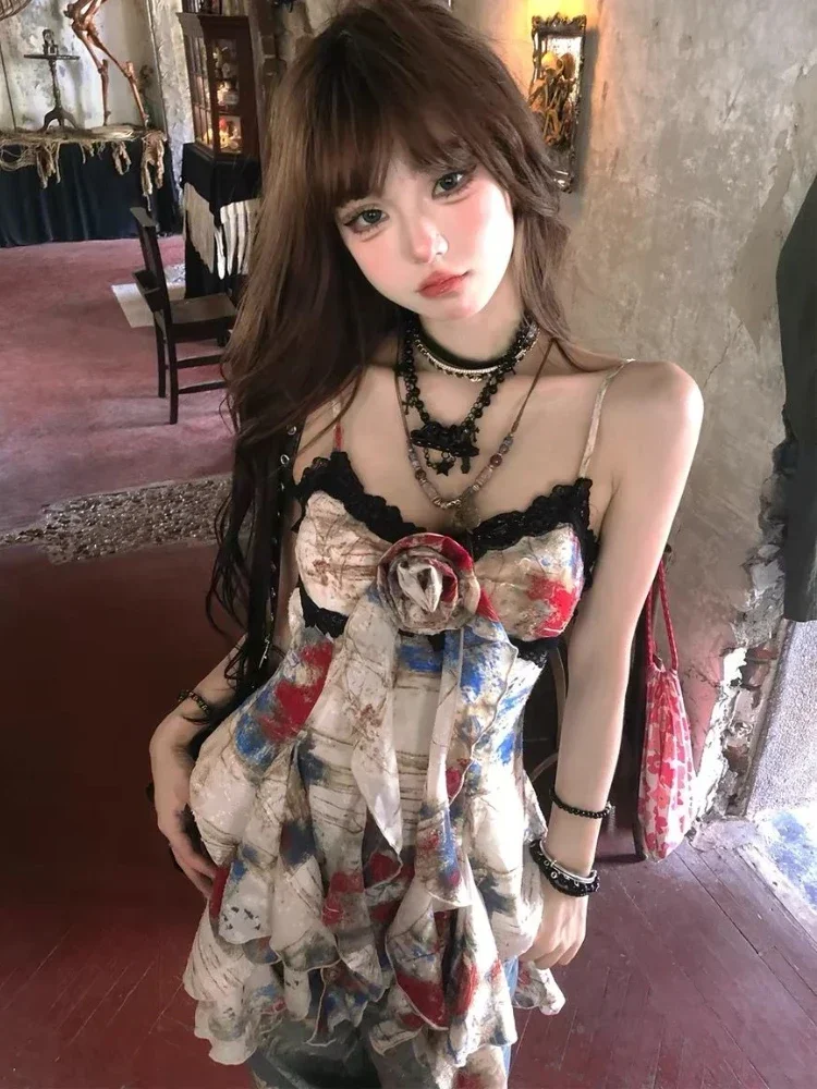 新しいアメリカンスタイルのセクシーなギャルホルタートップ女性デザイン甘いプリントスリムキャミソール夏のハイストリートコケット非対称 Tシャツ