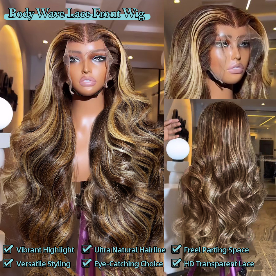 30 40 Inch 4/27 Highlight Body Wave 13x4 Human Hair Lace Frontal Wigs 200Density Colored Ombre 13x6 HD Lace Front Wig For Women