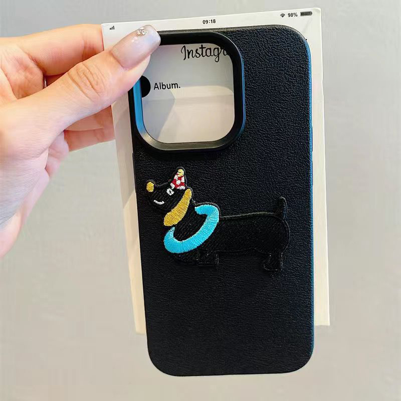 Funda de teléfono coreana con bordado de dibujos animados en 3D para iPhone 16, 15, 14, 13, 11, 12 Pro Max Plus, divertida funda con patrón de cuero para cachorros