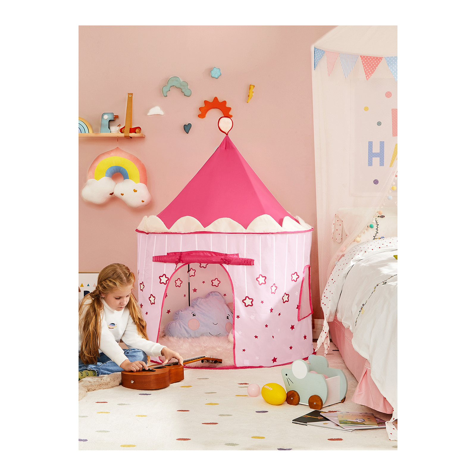 SONGMICS Tienda para Niños, Carpa Infantil, Castillo de la Princesa, Pop Up, Regalo para Niños, para Interior y Exterior, Bolsa de Transporte, Rosa