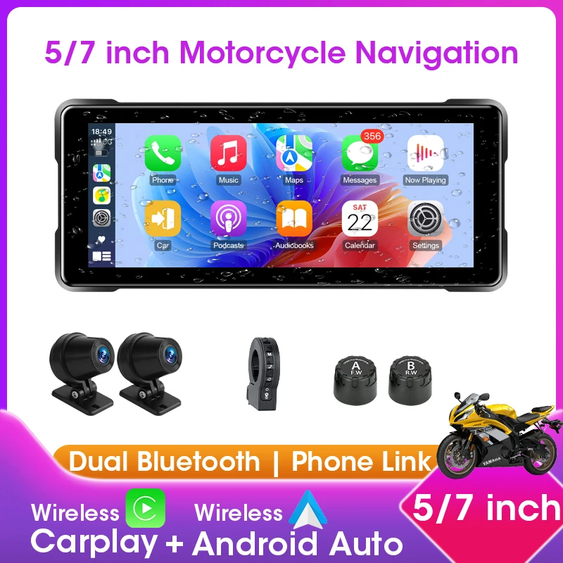 5/7 inch draagbare motorfietsnavigatie Draadloze Carplay Android Auto Waterdichte dubbele Bluetooth-scherm 2K cameramonitor