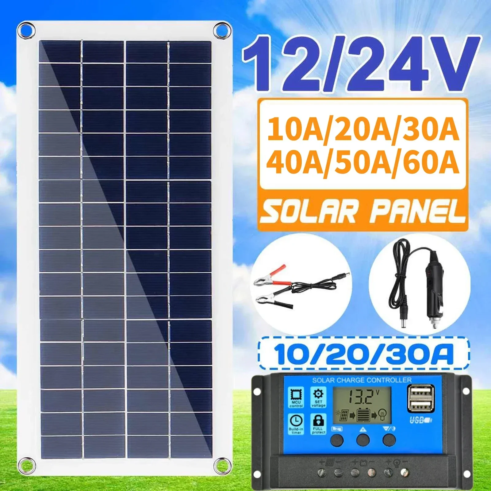 Solar Panel 12V Solar Cell 60A Controller Solar Panel for Phone RV Car MP3 PAD Charger Outdoor Battery Supply