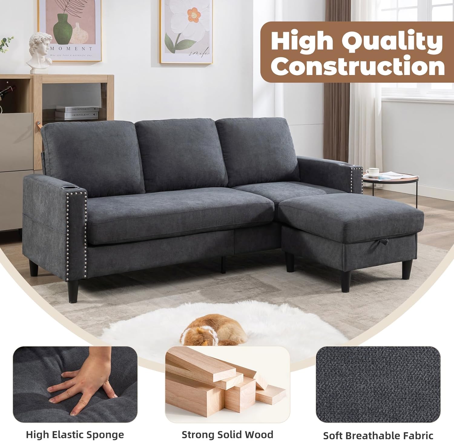 Convertible Sectional Couches for Living Room, L-Shaped Couch 3 Seats Sofas with Storage Chaise & 2 Cup Holders