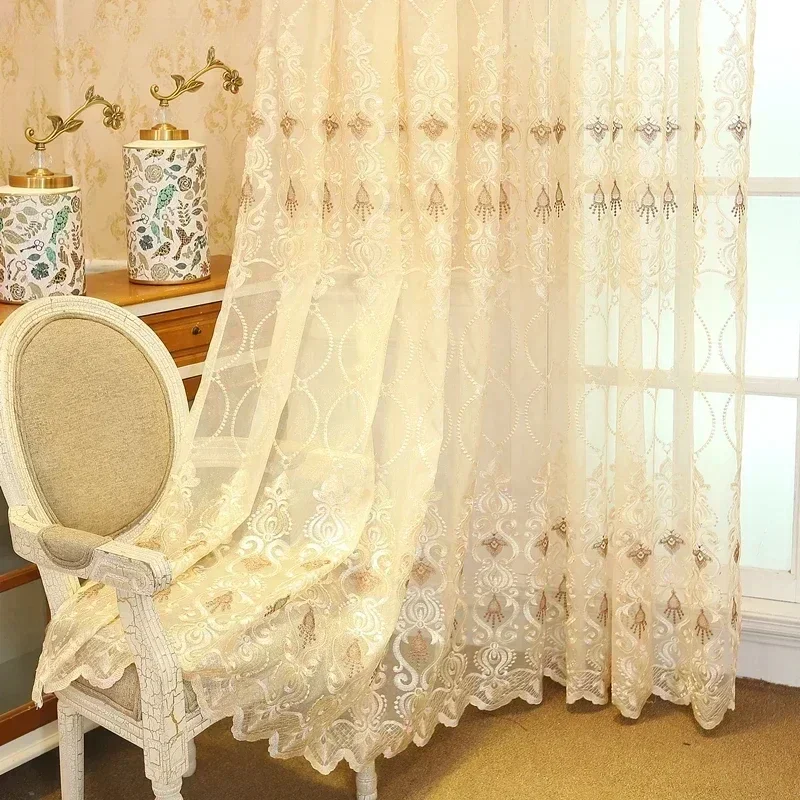Cortinas nórdicas para sala de estar, dormitorio, tul bordado de lujo, tela de gasa transparente barata, decoración de pantalla de ventana de encaje dorado personalizada