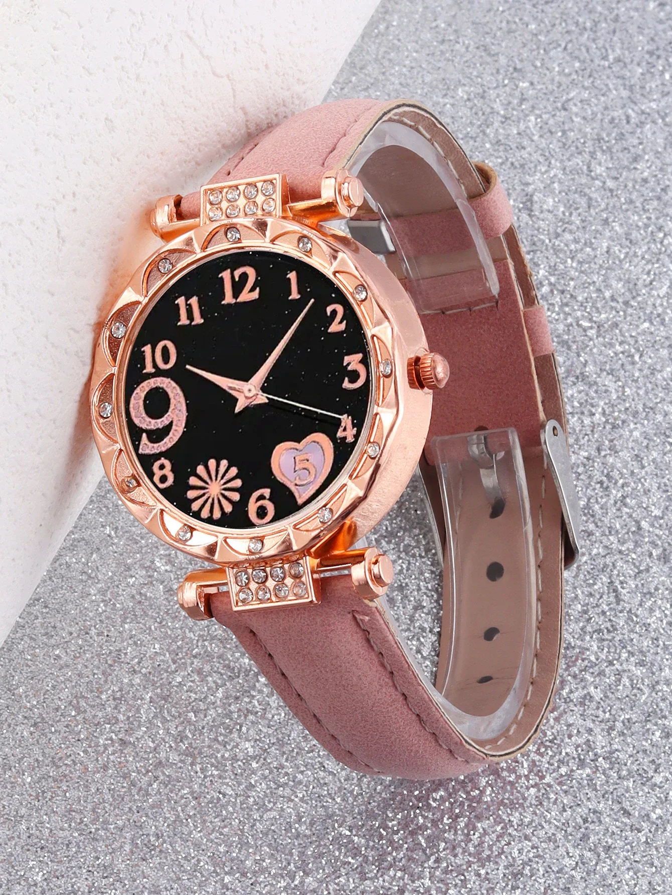 Reloj de cuarzo a la moda para mujer, reloj de pulsera analógico con banda de cuero rosa de lujo, conjunto de pulsera de vestir para mujer, 6 uds.