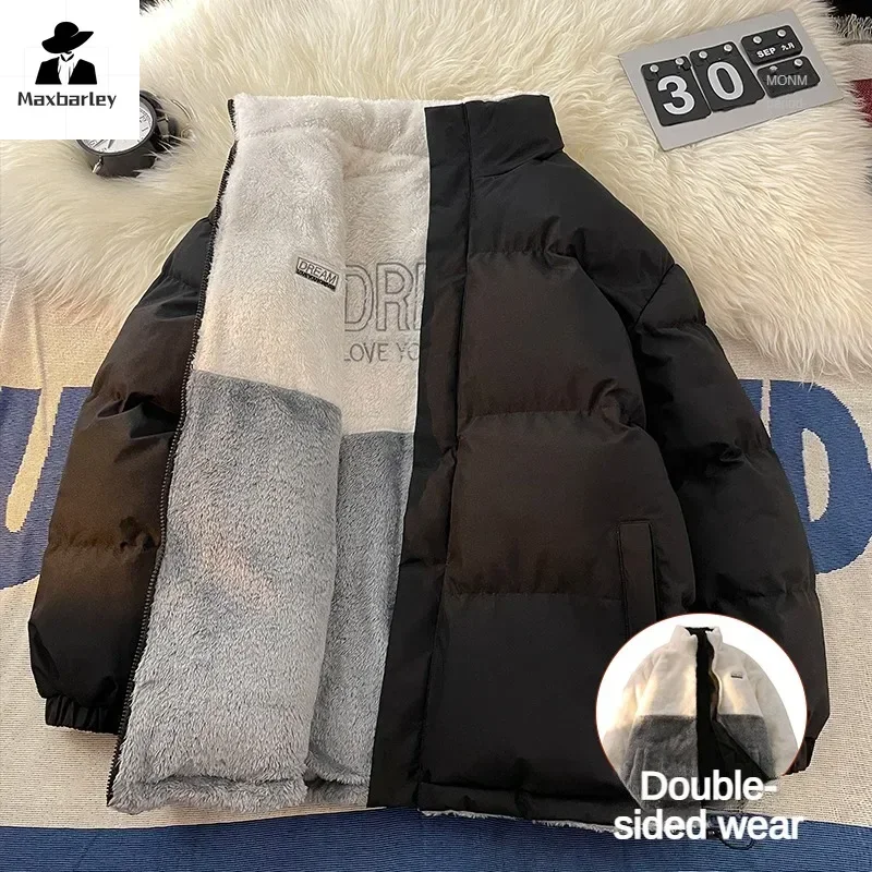 Jaqueta térmica acolchoada masculina e feminina, monocromática, frente e verso, casual, casacos grossos de lã, parka de rua, design vestível, inverno