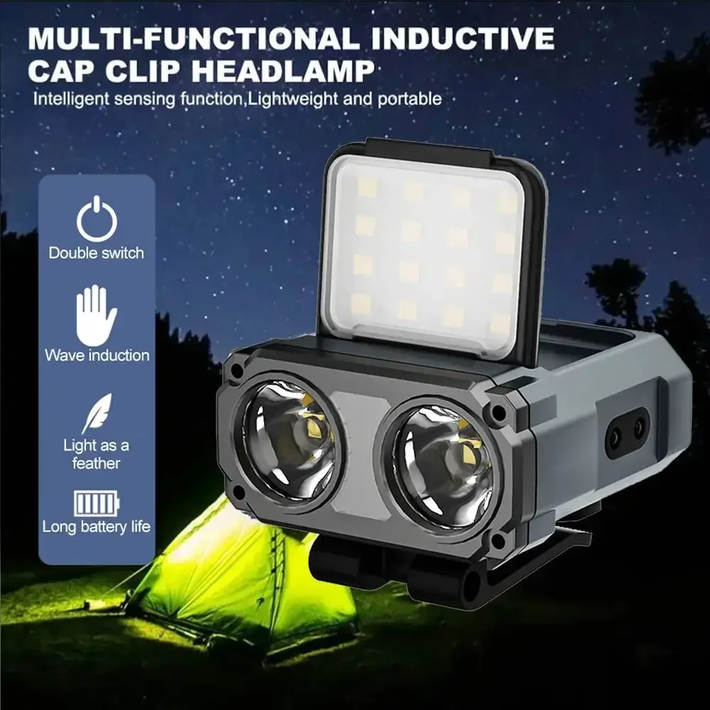 Lampada frontale con rilevamento a LED Lampada antiscivolo con cappuccio ricaricabile di tipo C Luce frontale di avvertimento per la sicurezza notturna Faro per bici MTB all'aperto