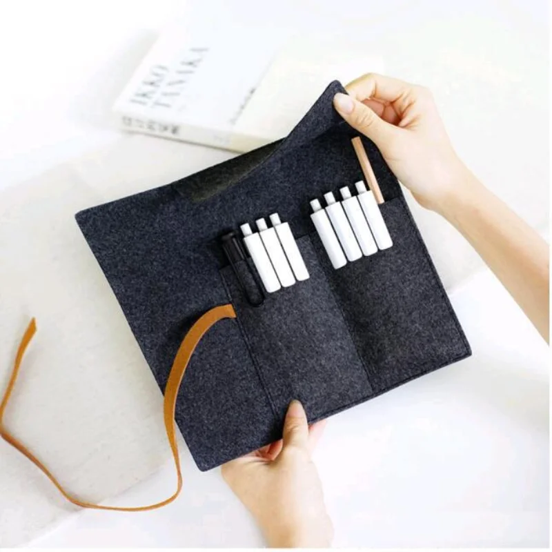 Schwarz Große Kapazität Schule Fall Filz Bleistift Tasche Schreibwaren Halter Füllfederhalter Fall Einfachen Stil Student Zipper Bleistift Beutel