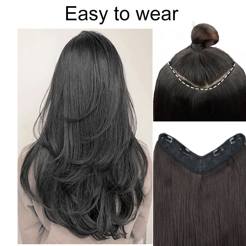 22 pulgadas sintético en forma de V en capas 4 Clips extensión de cabello largo y recto peluca Invisible de moda para mujeres