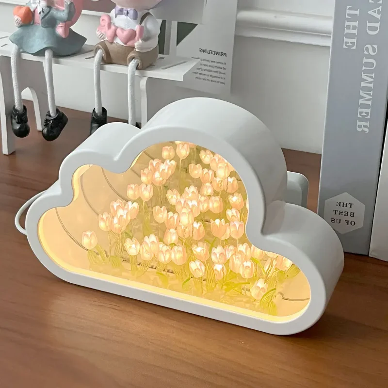Lámpara de ambiente de noche de mar con flor de tulipán hecha a mano, lámpara de tulipán de nubes, luz LED nocturna, lámpara de mesa con espejo, luces decorativas para dormitorio, nuevo