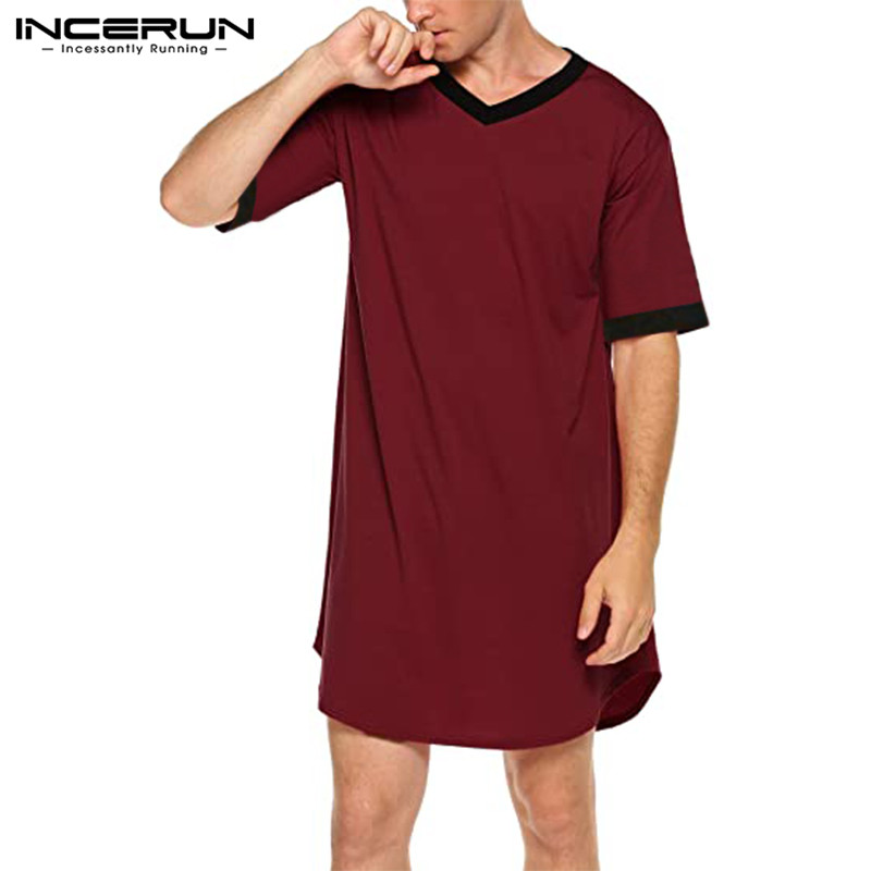 Incerun 2024 roupões de dormir masculinos manga curta com decote em v camisola retalhos aconchegante homewear moda solta roupões de banho masculinos