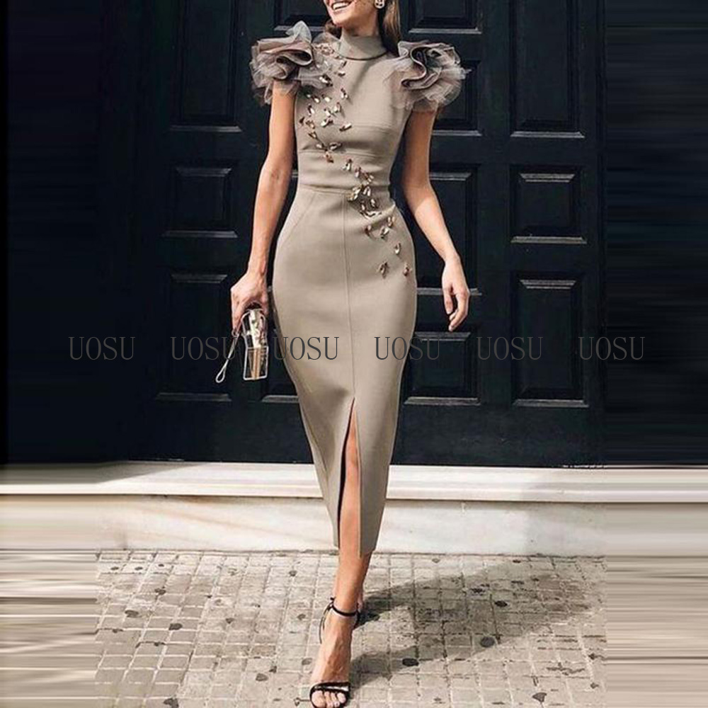 Meerjungfrau Prom Kleider Mit High Neck Perlen Rüschen Vorne Split Satin Frauen Formale Abendkleid Tee Länge Mutter Party Kleider