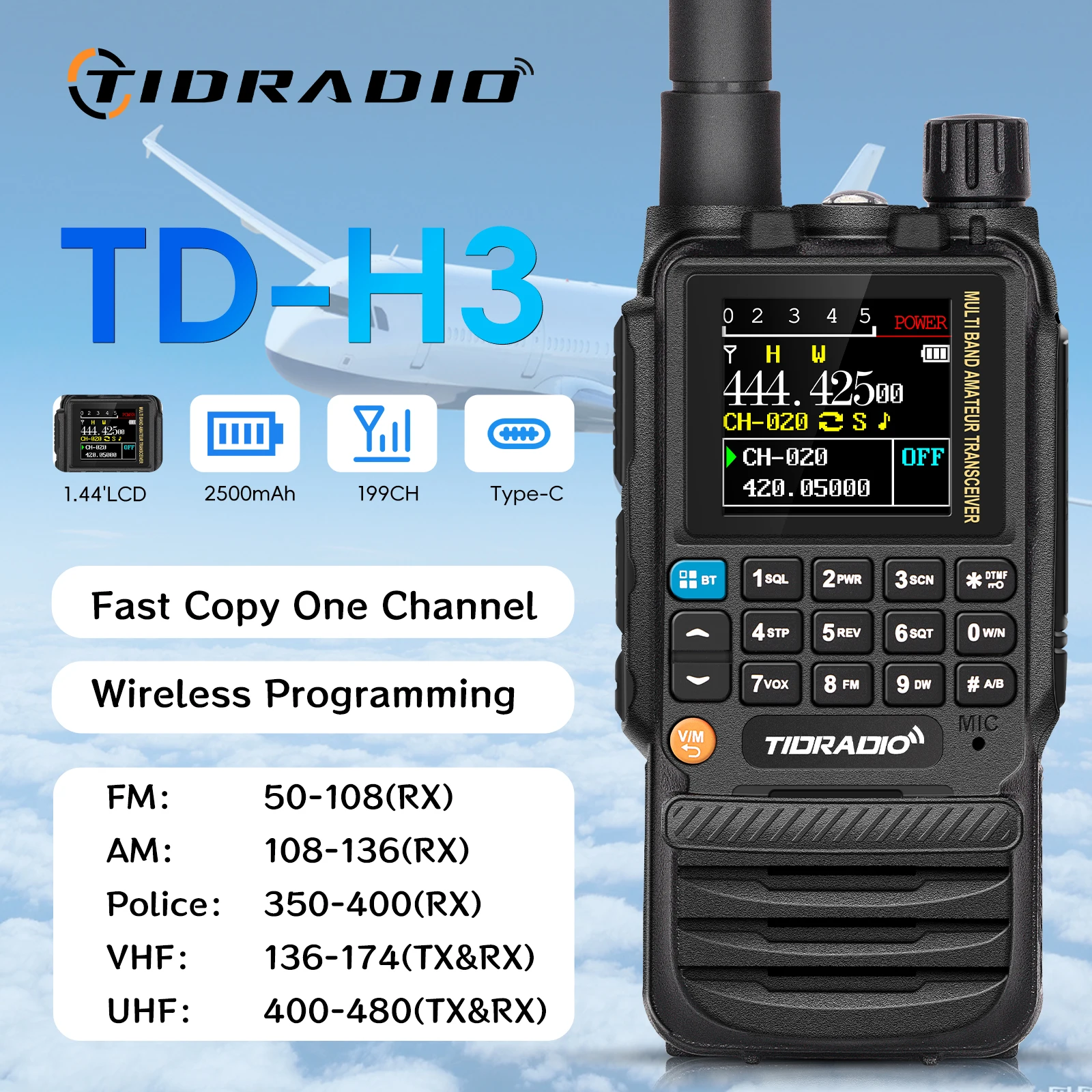 TIDRADIO H3 Walkie Talkie Tweerichtingsradio Telefoon APP Draadloze programmering Dual PTT Air Band Lange afstand radio USB-C Programmering