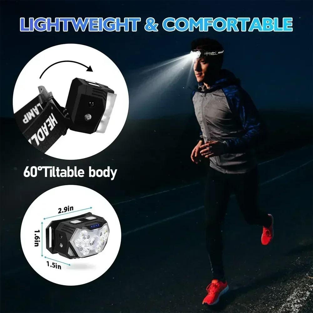 Poderoso sensor de led farol recarregável usb led cabeça tocha acampamento busca luz com bateria embutida lanterna de pesca