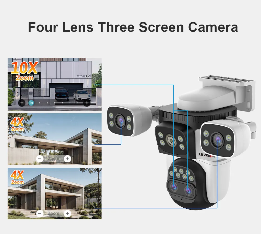 LS VISION 35MP tres pantallas WiFi cámara de seguridad al aire libre PTZ 10X cámaras con Zoom óptico seguimiento automático cámara CCTV vigilancia