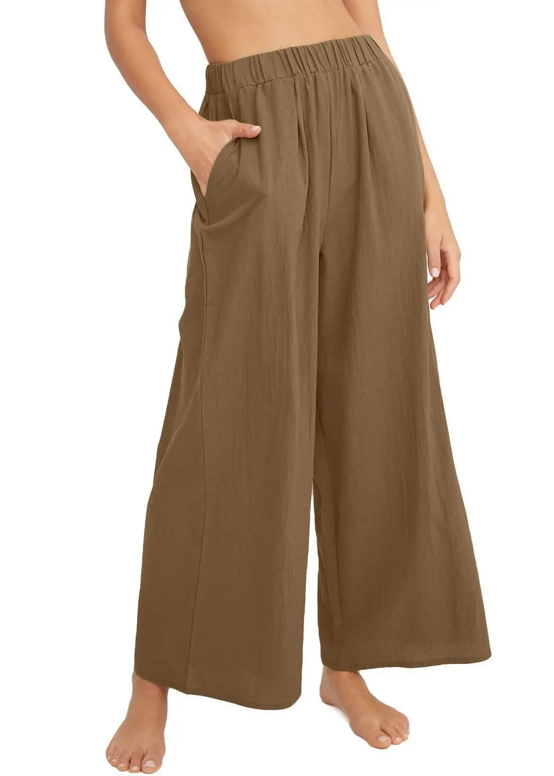 Women's Solid Color Comfortable Casual Hundred Lazy Style Wide Leg Pants with Pockets High Waisted Loose Seven Pants