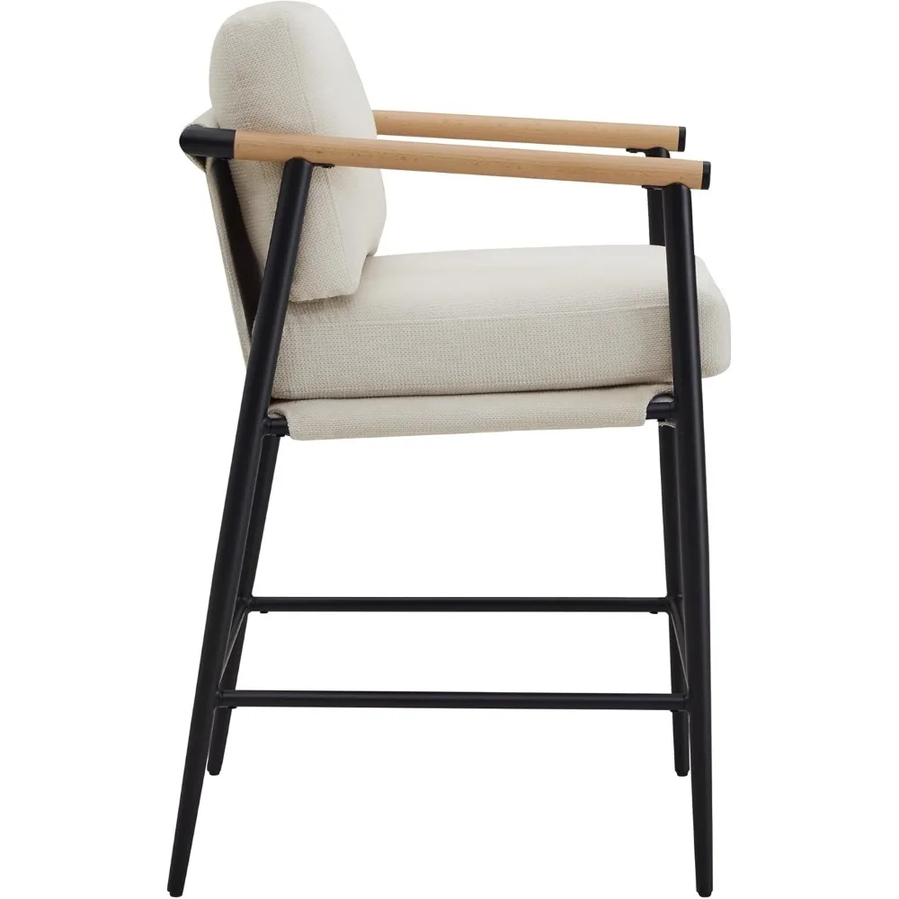 Mid Century Modern Barstool Set of 2, 26" H Upholstered Counter Height Bars Stools with Wood Armrests and Metal Legs, Bar Stool