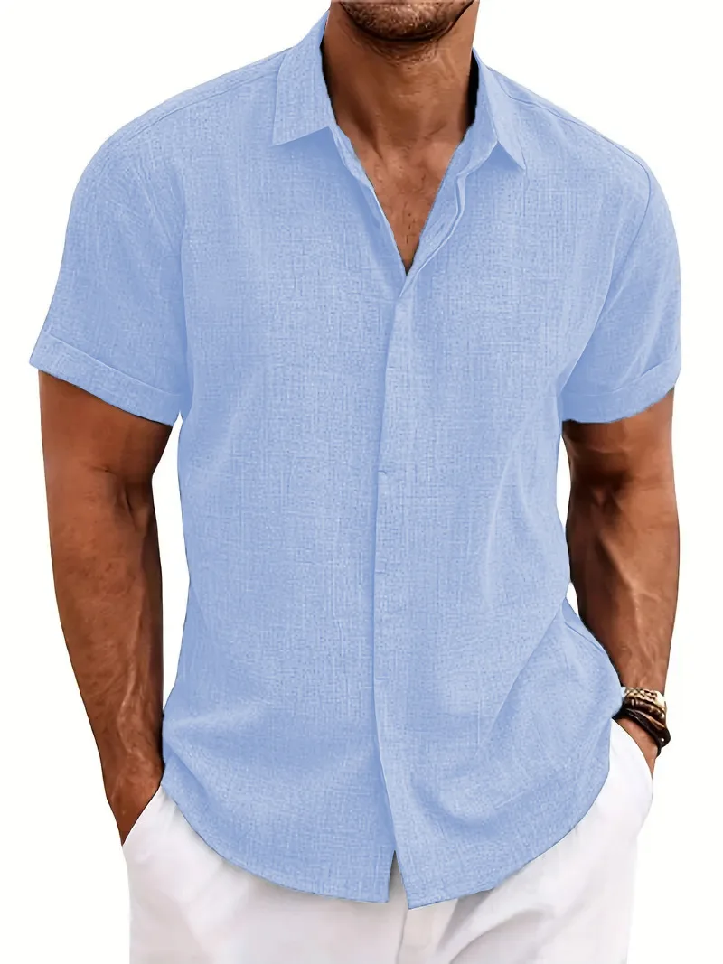 Nueva camisa de manga corta de color sólido para hombre, cárdigan informal de verano con solapa de color sólido, estilo playero, camisa de poliéster