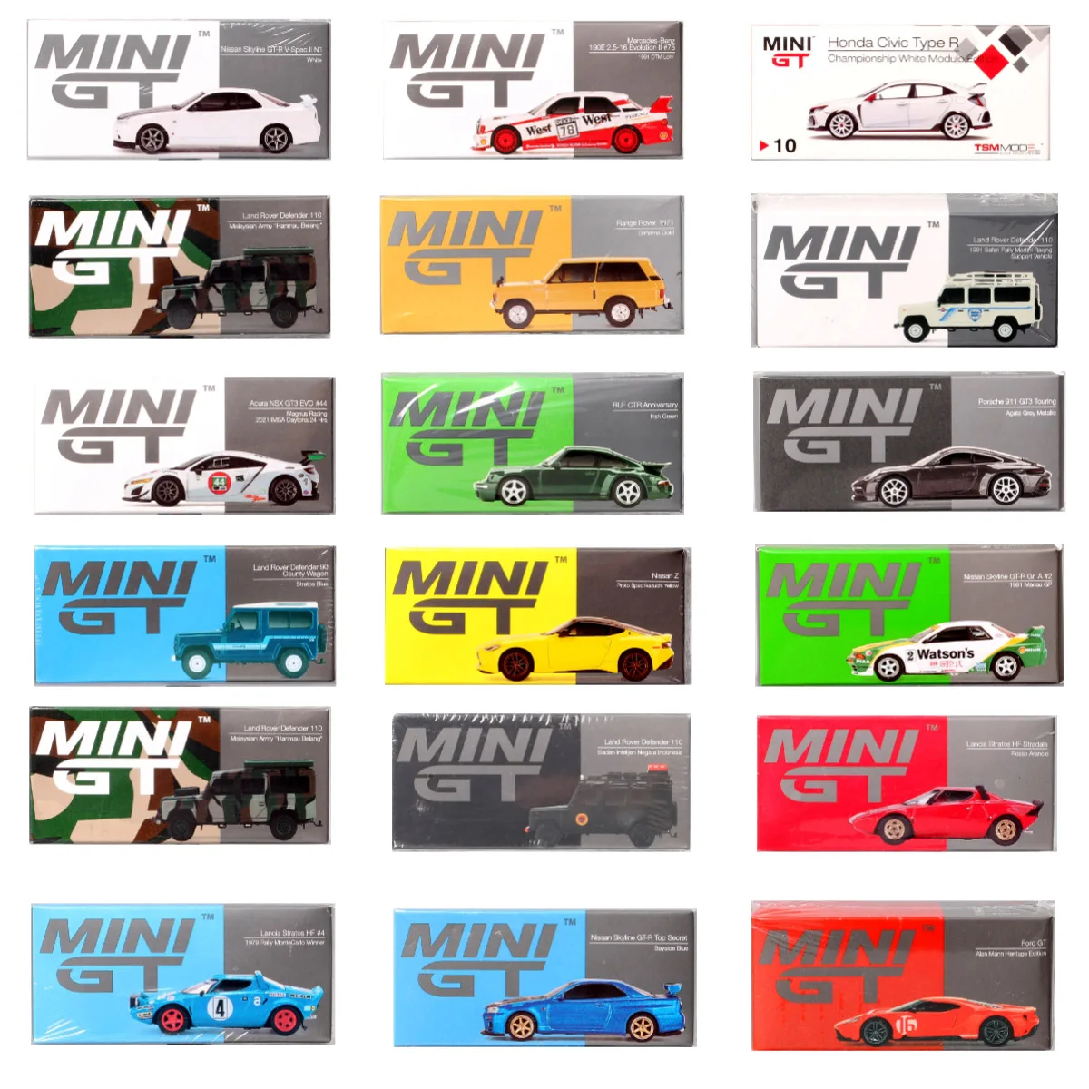 MiniGT 1/64 escala Ford GT Nissan Skyline GTR Defender 110 RUF CTR Lancia Honda Civic Cadillac V Datsun Diecast modelo de coche de juguete