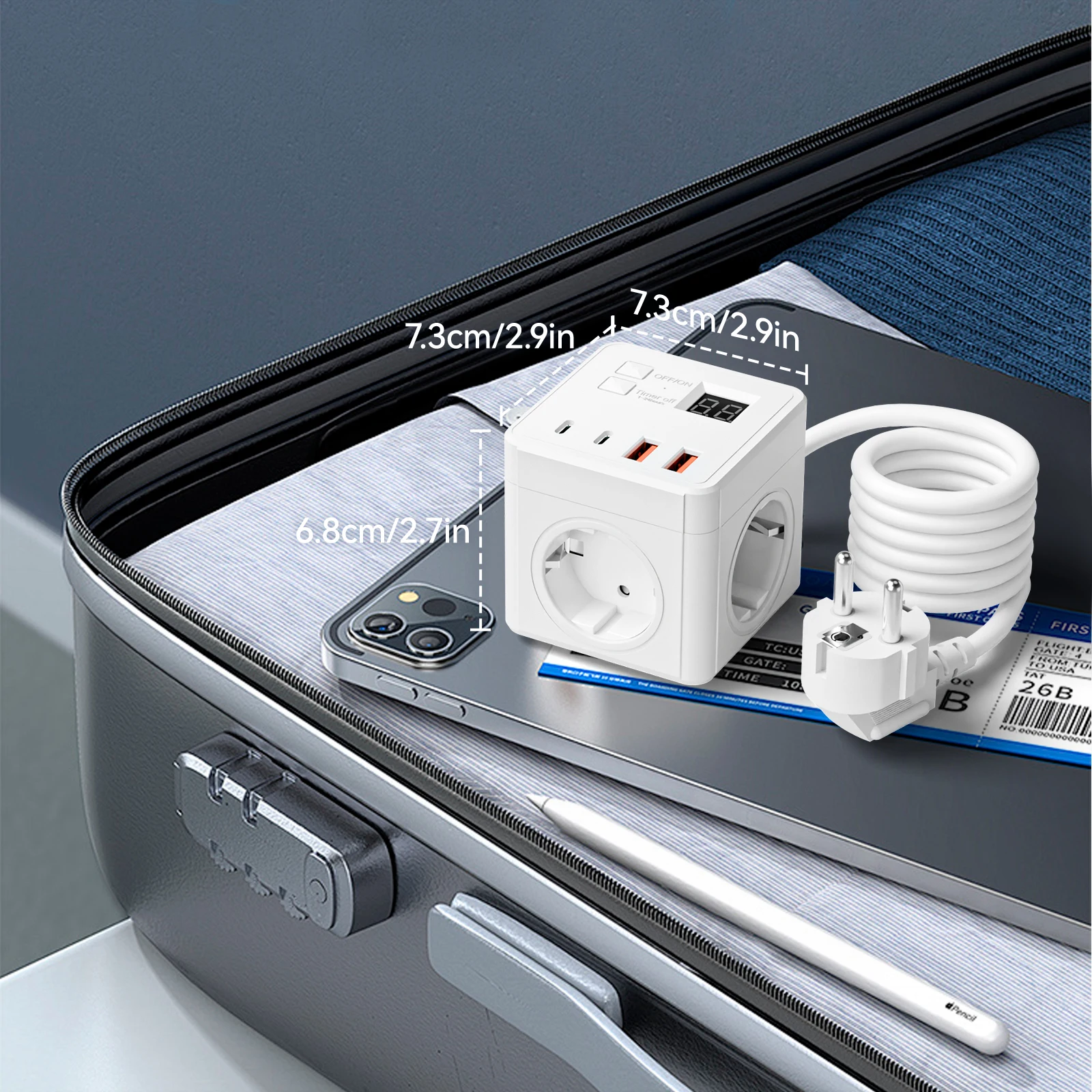 1 multiprise ue 7 en 1, protection contre les surtensions, rallonge de 1,5 m, 3 prises CA 3 USB 1 type-c, charge de bureau chronométrée