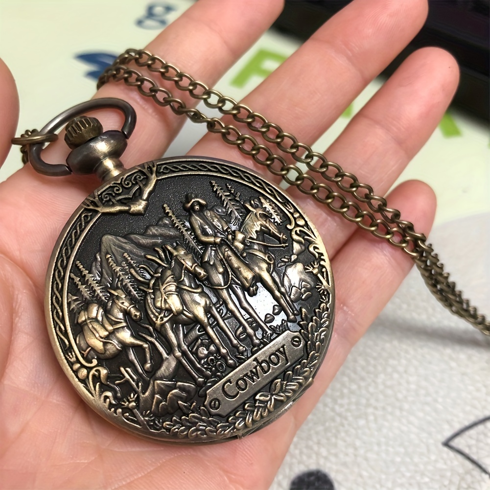Antique COWBOY Pattern Design Quartz Pocket Watch Necklace - Unique Vintage Gift Clock for Man Male