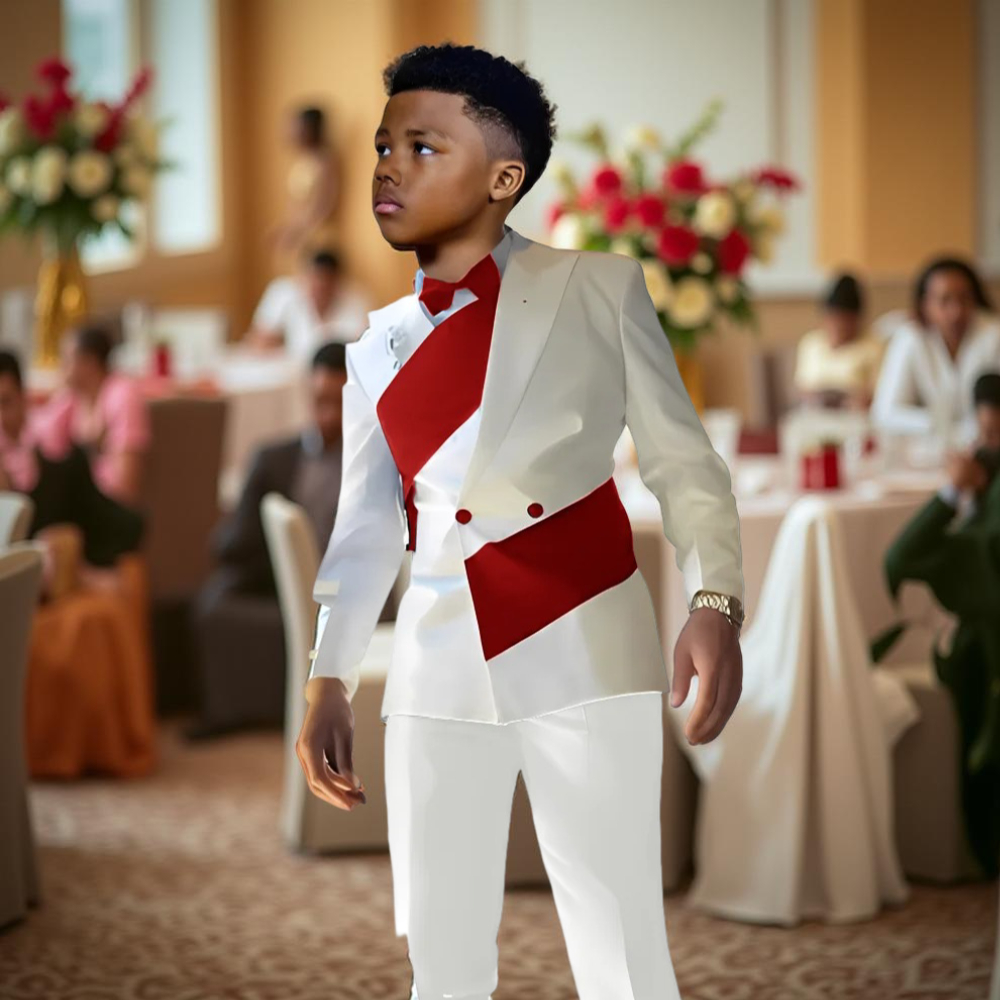 Traje de satén para niños, conjunto de 2 piezas, chaqueta blanca con doble botonadura y pantalones, esmoquin de boda para niños de 2 a 16 años, traje ajustado