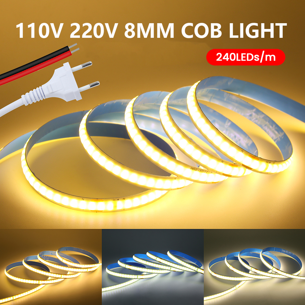 5M 10M 15M 20M 110V 220V COB Светодиодная лента Супер яркая 240LEDs/M 2-контактная проводная лента Гибкая лента EU US Plug Комнатное освещение 8MM PCB