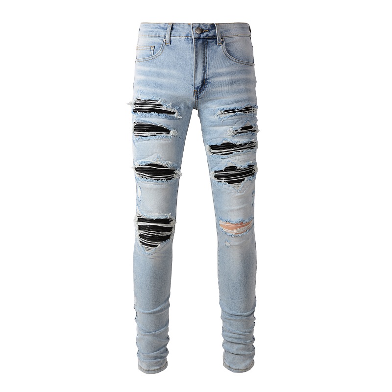 Männer Schwarz Plissee Patch Biker Jeans Streetwear Hellblau Stretch Denin Hosen Zerrissene Skinny Tapered Hosen