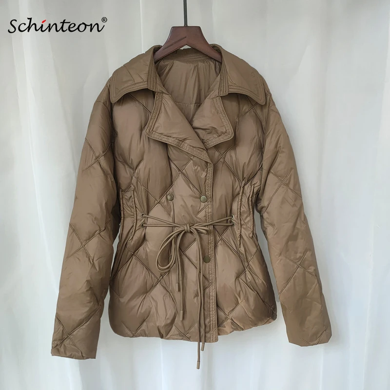 Schinteon feminino pato branco para baixo duplo breasted jaqueta argyle outono inverno outwear senhora do escritório turn-down colarinho casaco fino 2024