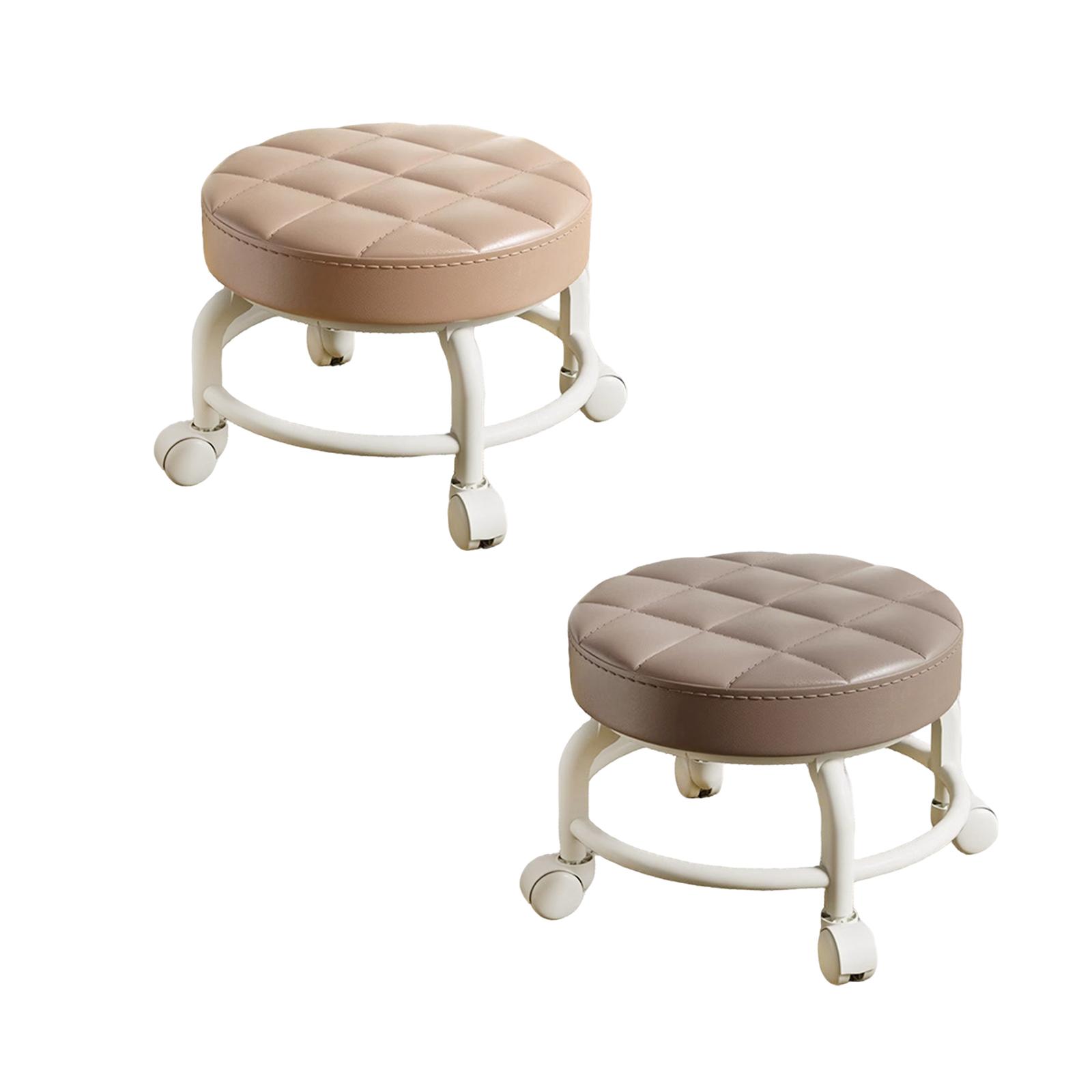 Low Rolling Stool 25x25x20cm round PU Leather Seat with Swivel Wheels Adjustable Height Kitchen Island Bar Seat