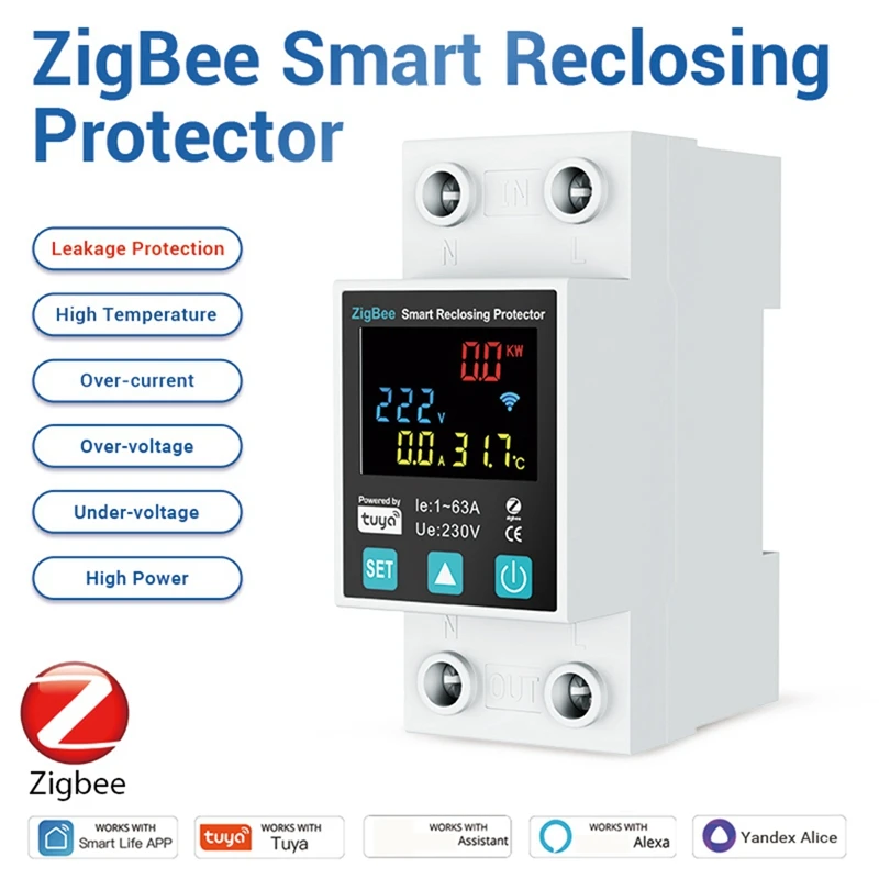 Zigbee TUYA Smart Leven 2P/63A Stroomonderbreker Aardlek Over Onderspanning Bescherming Protector Relais Energiemeter