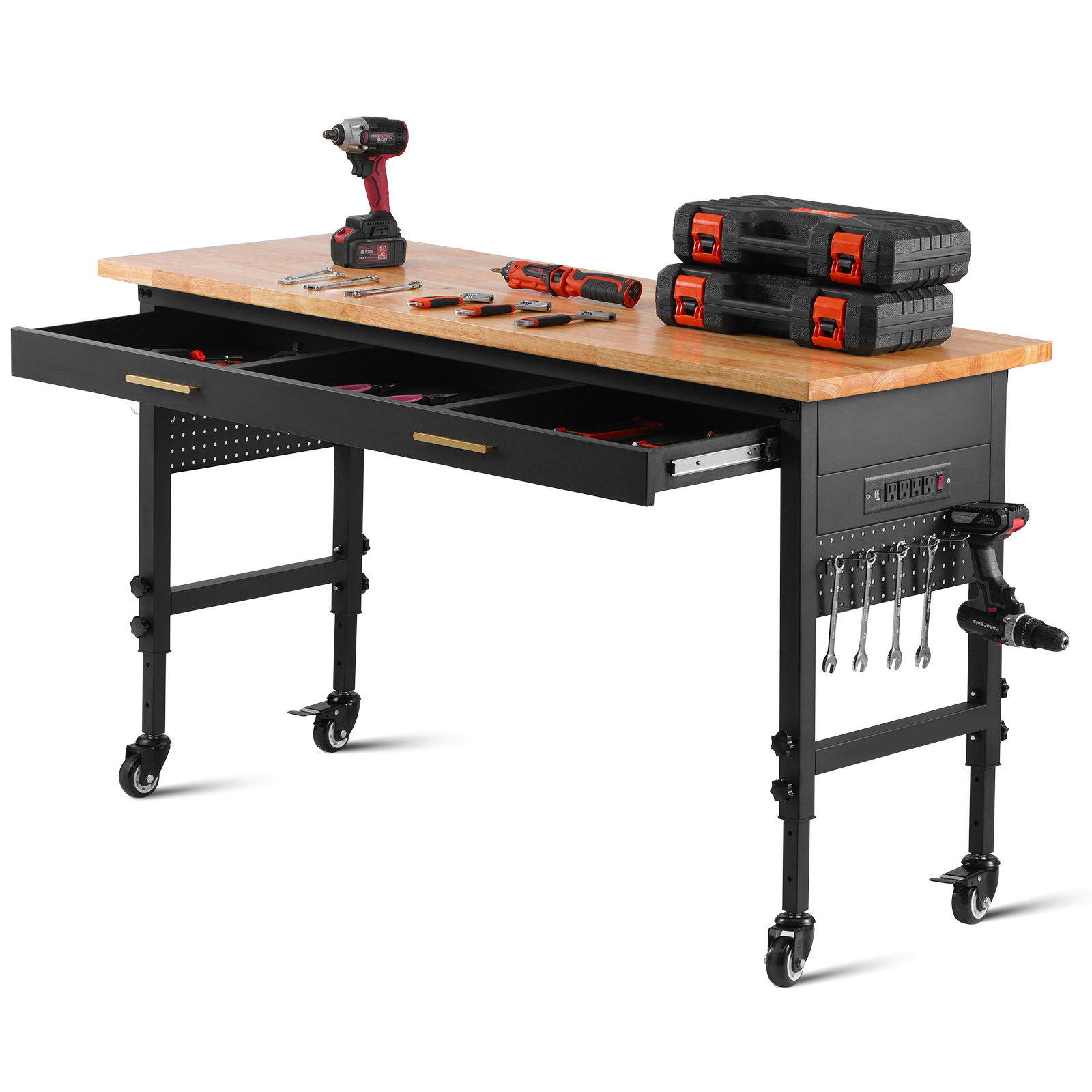 VEVOR Banco de trabajo de garaje ajustable de 1500 libras con cajón y tablero perforado Banco de mesa de trabajo superior de madera de roble para trabajo de taller y oficina