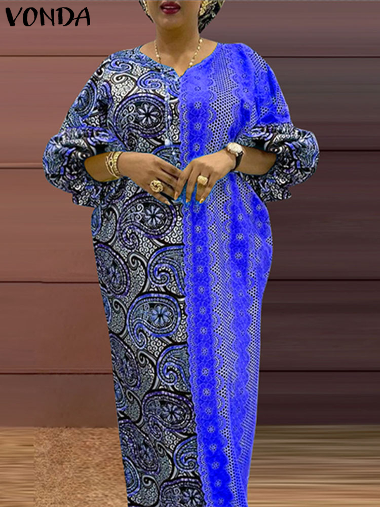 Plus Size VONDA 2024, elegantes, mit Blumenmuster bedrucktes Maxikleid, Vintage-lange Roben, lockerer Urlaub, lässiges Sommerkleid mit V-Ausschnitt, Übergröße
