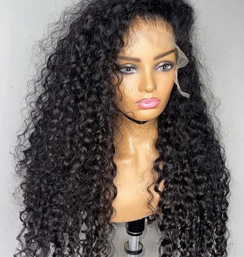 Suave Natural negro largo sin pegamento rizado 180 densidad 26 pulgadas peluca con malla frontal profunda para mujeres con pelo de bebé prearrancado diario
