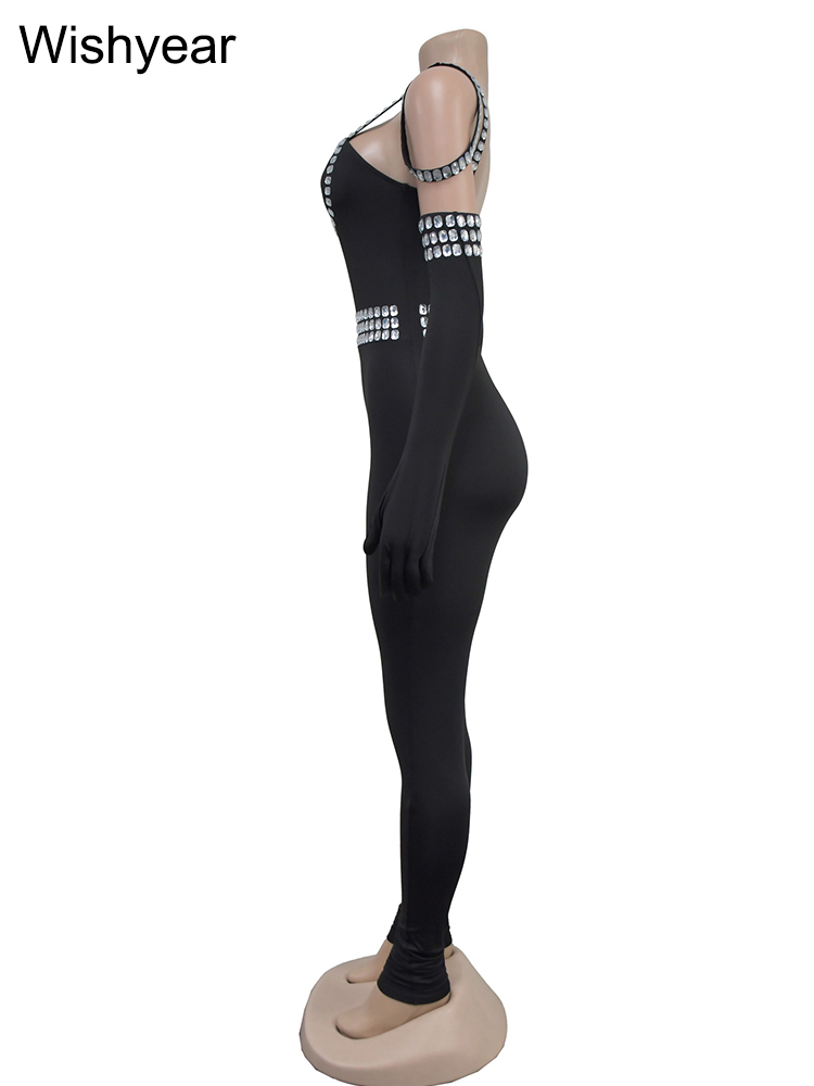 Wishyear-女性用グローブ付きバックレスラインストーンジャンプスーツ、セクシーなボディコンロンパース、エレガントなイブニングクラブウェア、ラグジュアリー、1個